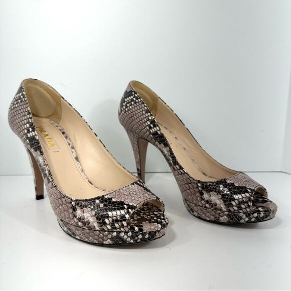 Prada Snake Peep Toe Heels Taupe Pumps Size 38.5 and 8.5 - Picture 1 of 13